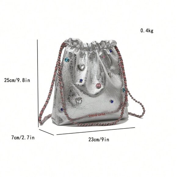 Silver Casual Women's Rhinestone Drawstring Shoulder Bag - Picture 7 of 7